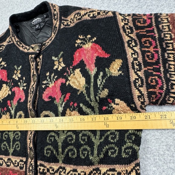 Icelandic Design Lined Cardigan Sweater Medium Linen Blend Fair Isle Floral Boho - Picture 7 of 8